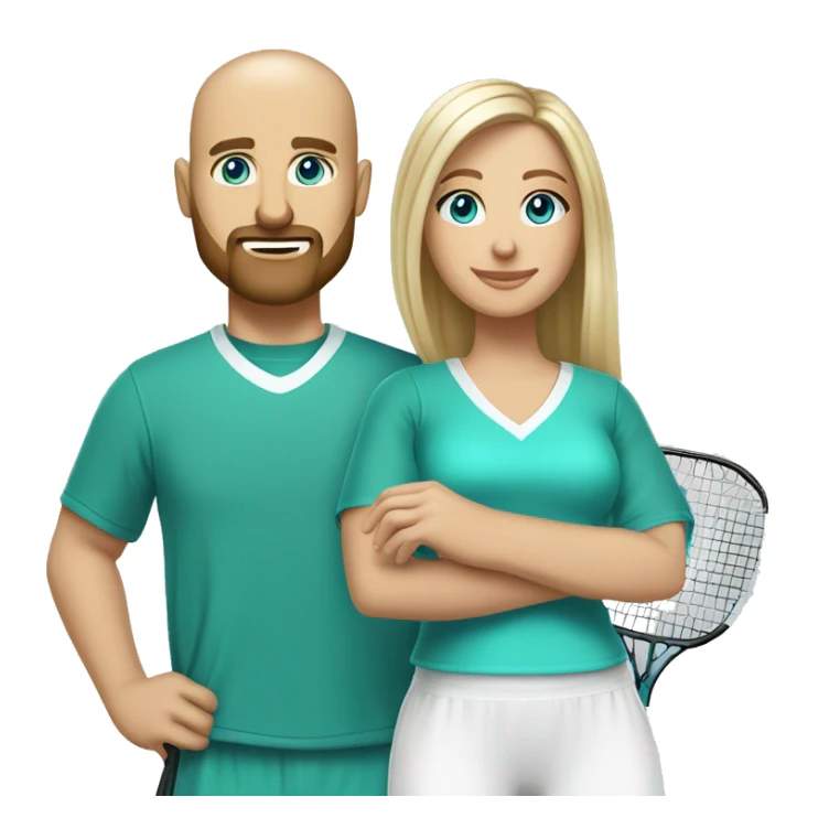 Same image but White couple. Male bald with beard. Aqua eyes. Woman long blonde brown highlight hair. 35. Aqua eyes. In pickleball clothes  sticker