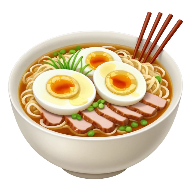 Create a realistic ramen bowl with broth, egg, pork slices & toppings. sticker