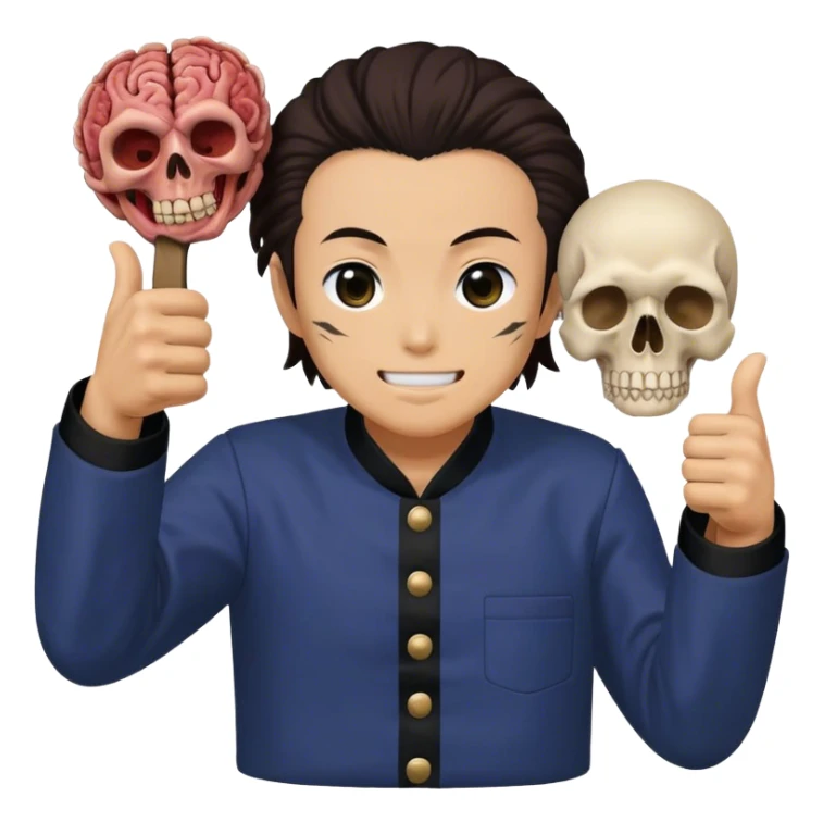 Tanjiro Kamado doing a thumbs up while holding Muzan’s dead head sticker