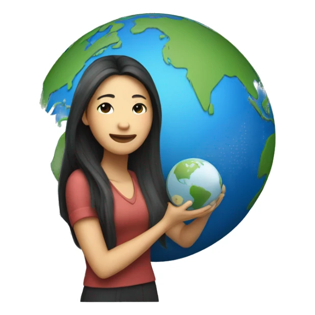 A long-haired Asian woman holding a universal studio globe sticker