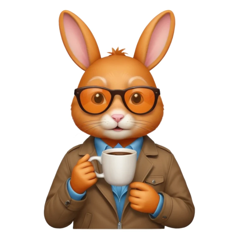 Orange rabbit, wearing brown jacket, sunglasses, holding coffee mug sticker