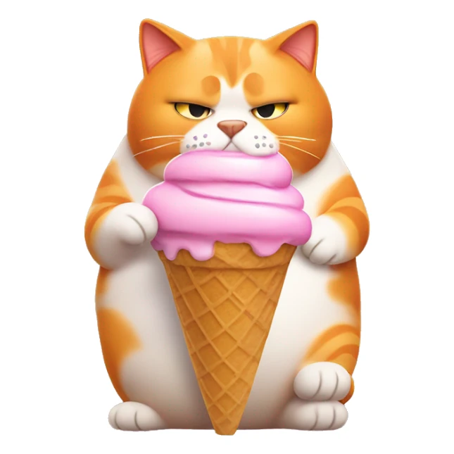Fat orange cat who is sad eating ice cream cone sticker
