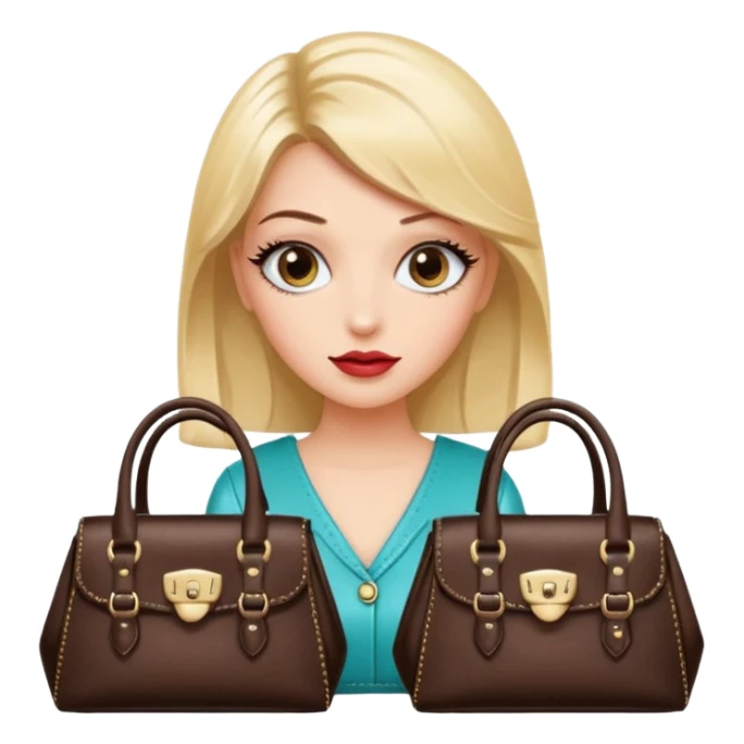 Glam girl with eyelasher looking left and right between two purses, playful puzzled expression — can’t decide between two options sticker