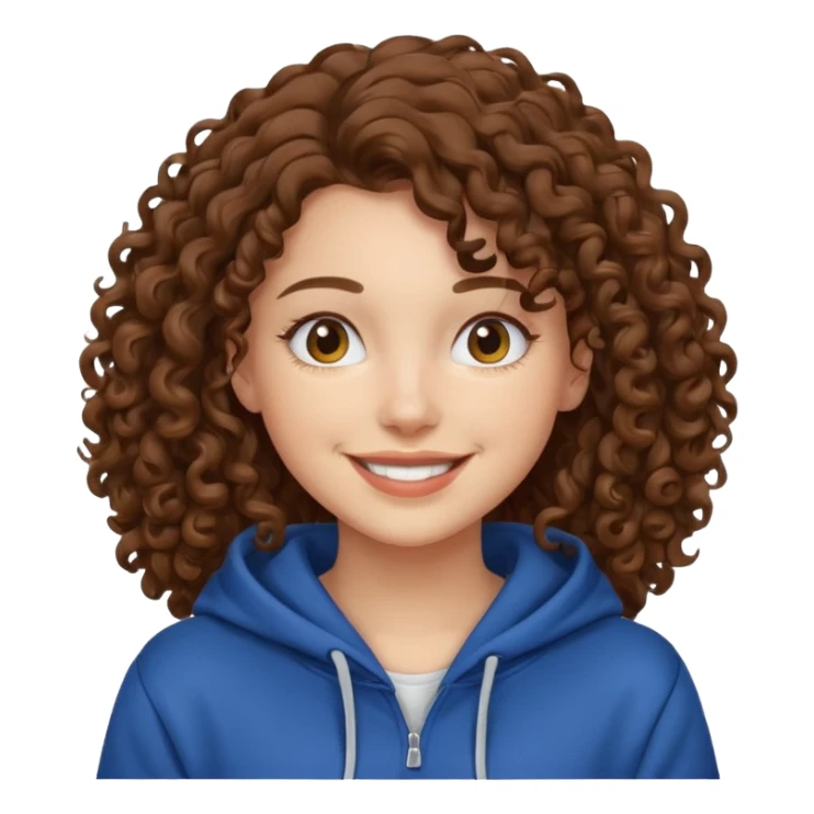Woman, curly brown hair, hoodie, white  sticker
