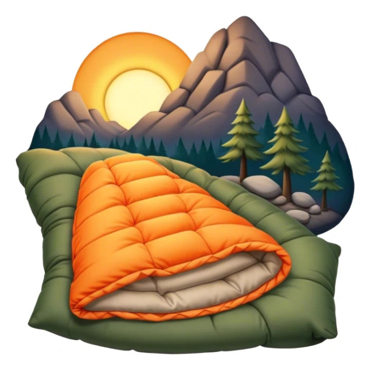 Cinematic Realistic Sleeping Bag, plush and slightly wrinkled, rich fabric texture catching the firelight, glowing with warmth and inviting coziness, nestled within a peaceful campsite. sticker