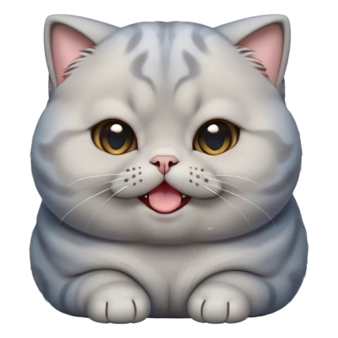 Cinematic Cute Chubby Grey Scottish Fold Cat Portrait Emoji, Adorable folded ears framing its round face, head tilted playfully and yawning, round and plump body with sleek soft grey fur and subtle blue undertones, Simplified yet adorable features, highly detailed, glowing with a warm, friendly glow, high shine, curious yet calm, stylized with a touch of whimsy, bright and endearing, soft glowing outline, capturing the essence of a mischievous yet loving and lazy kitty with those signature folded ears, so cute it feels like it could stretch out of the screen and cuddle! sticker