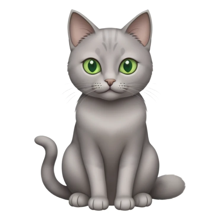 Elegant gray cat with smooth fur, large green eyes, serene expression, sitting facing camera sticker
