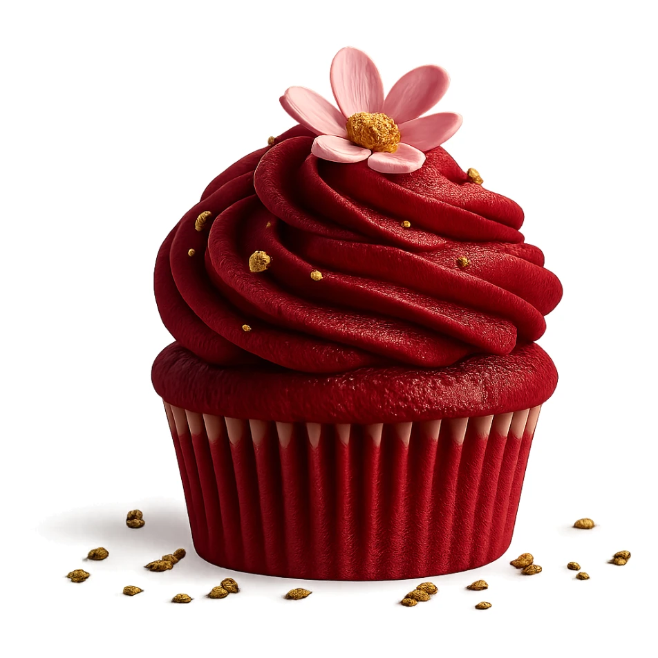 Change the icing to red velvet with a deep red, creamy texture, keep the realistic cupcake and accessories, photorealistic style, transparent background. sticker