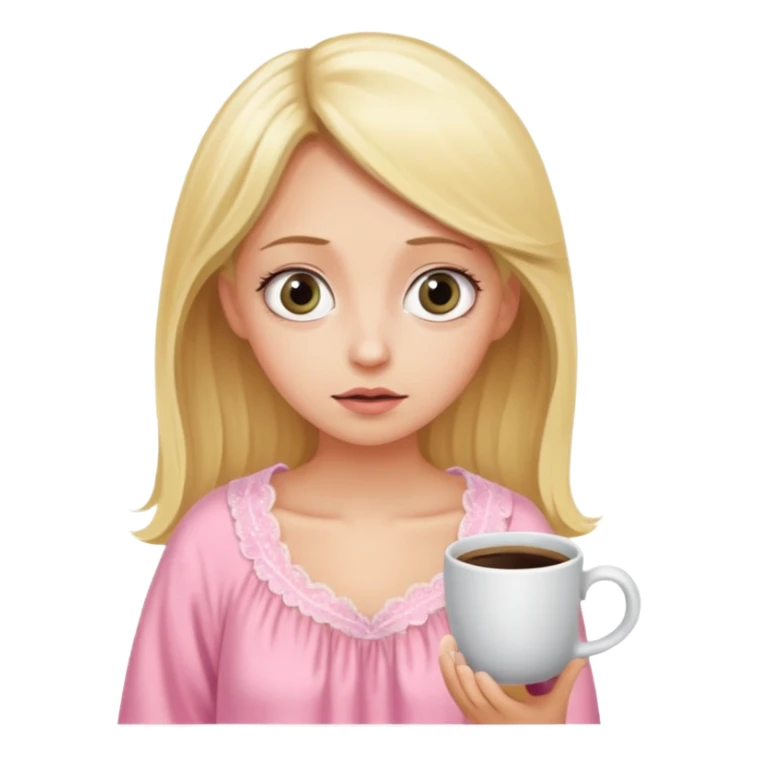 A blonde woman in a pink nightgown with wide eyes looks for coffee. sticker