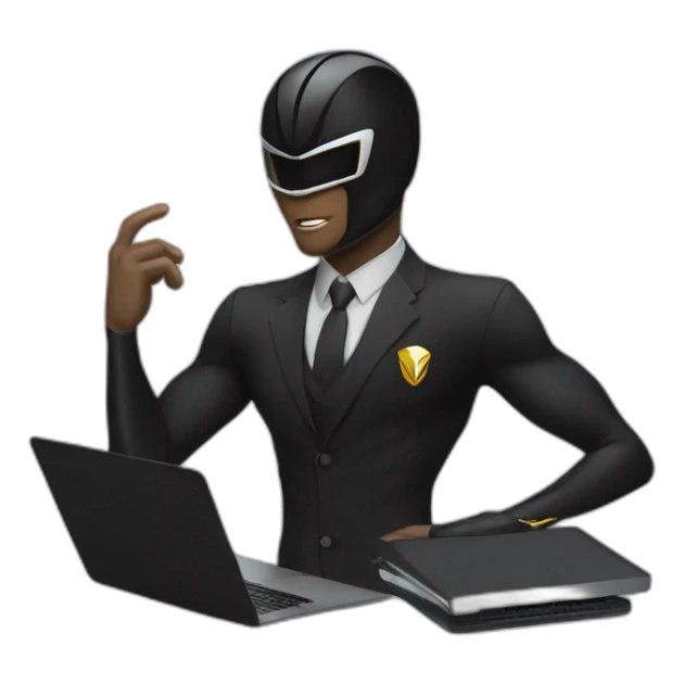 Power Rangers Black with Laptop busy with coding for Office Work by thinking future me man black suit confused face sticker