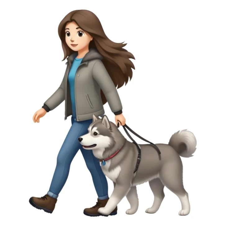 A girl with long brown hair walks a gray Alaskan sticker