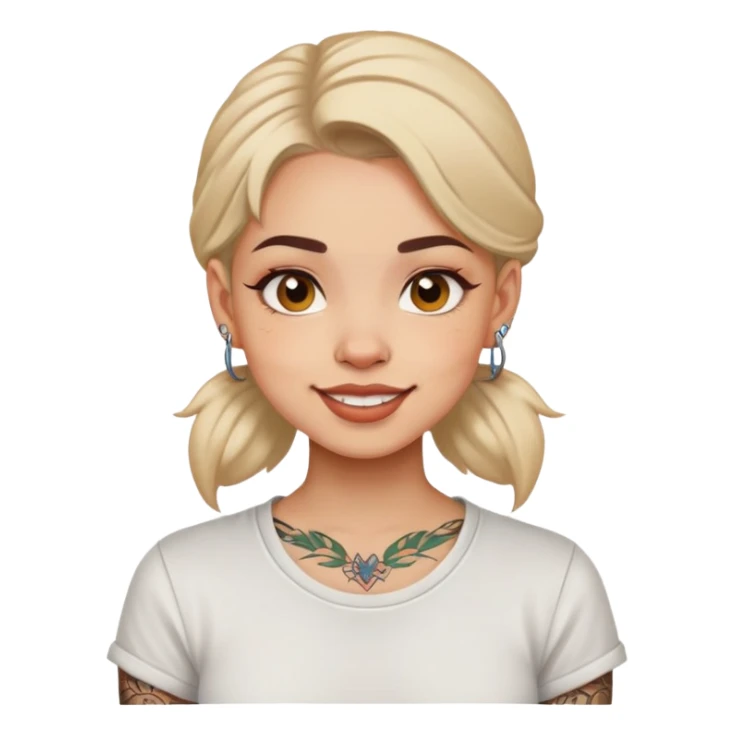 girl with small face tattoos, cheerful expression, wearing a shirt sticker