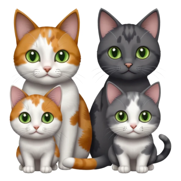 3 different coloured small cats including a dark grey and white, and a patchy calico with hazel eyes and a completely solid dark grey with green eyes and only white paws sticker