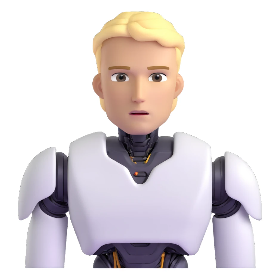Minimalist male robot with blond hair, sharp jawline, intense eyes, white sweater, AI assistant sticker