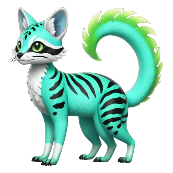Rare realistic iridescent neon lime-green & cyan white black lush tropical exotic edgy epic pretty beautiful handsome gorgeous aesthetic colorful vibrant Vernid-Protogen-Primagen-Genet-Trico-species-Fakemon-hybrid-creature by LiLaiRa, beautiful intricate markings, full body sticker