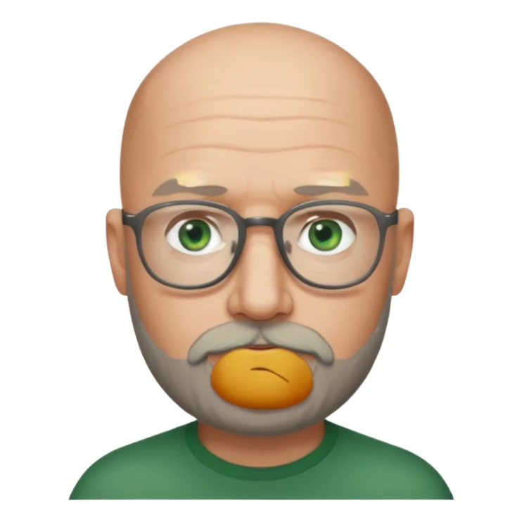 50 years old, green eyes, 2 days salt and pepper beard, bald, glasses sticker