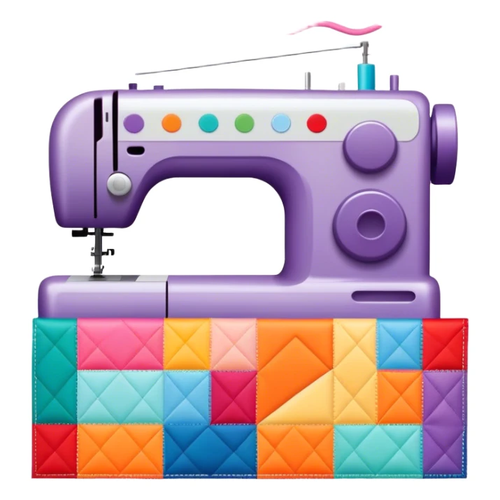 Patchwork and quilting icon, colorful fabric patches sewn together in a quilt pattern, sewing needle and thread, quilting tools like rotary cutter and quilting hoop, minimalistic style, clean lines, transparent background. sticker