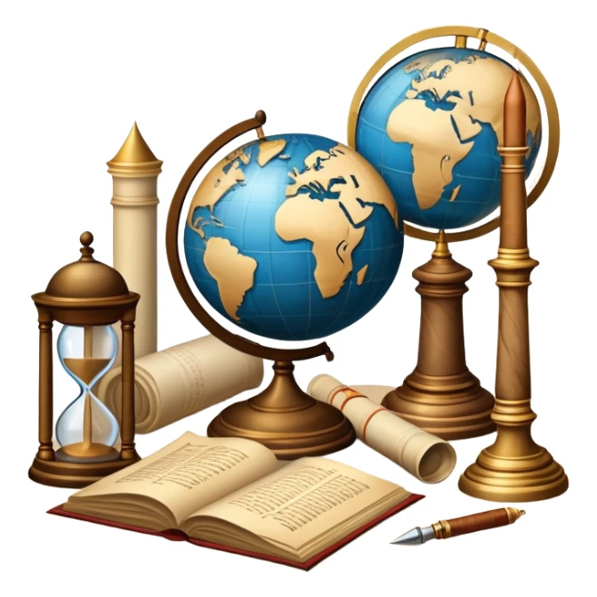 An icon featuring ancient scrolls, a quill pen, and large, old-fashioned sand clocks, symbolizing the study of history. The design includes a globe and a timeline with significant historical events, set against ruins to evoke past civilizations. Transparent background highlights the passage of time. sticker