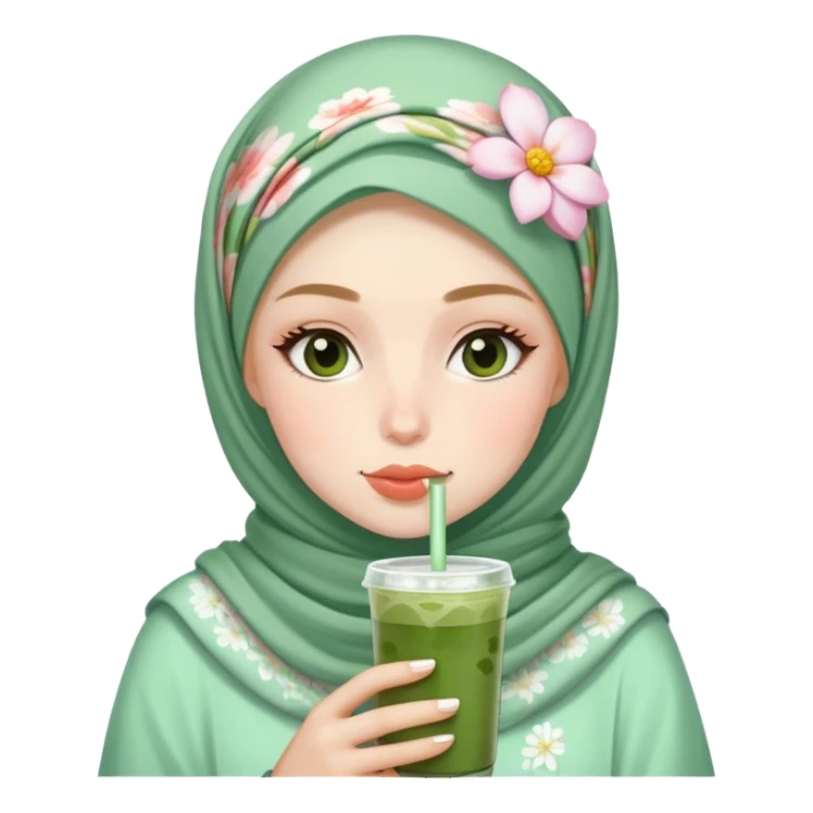 White girl wearing flower hijab drinking iced matcha sticker