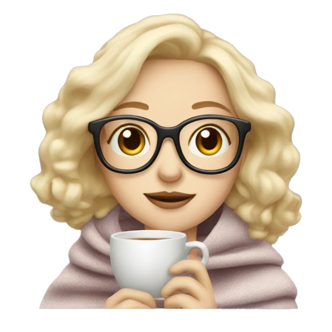 pale blonde girl wearing glasses drinking tea under blanket sticker