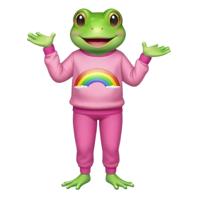 A green frog wearing a rainbow sweatshirt and pink pants  sticker