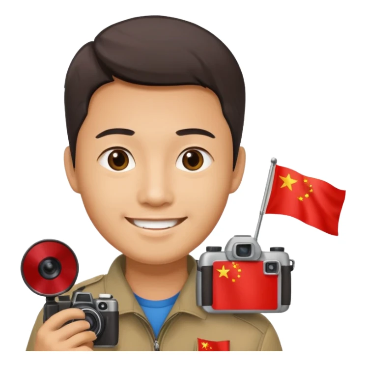 A Chinese man with a Chinese flag and a camera sticker
