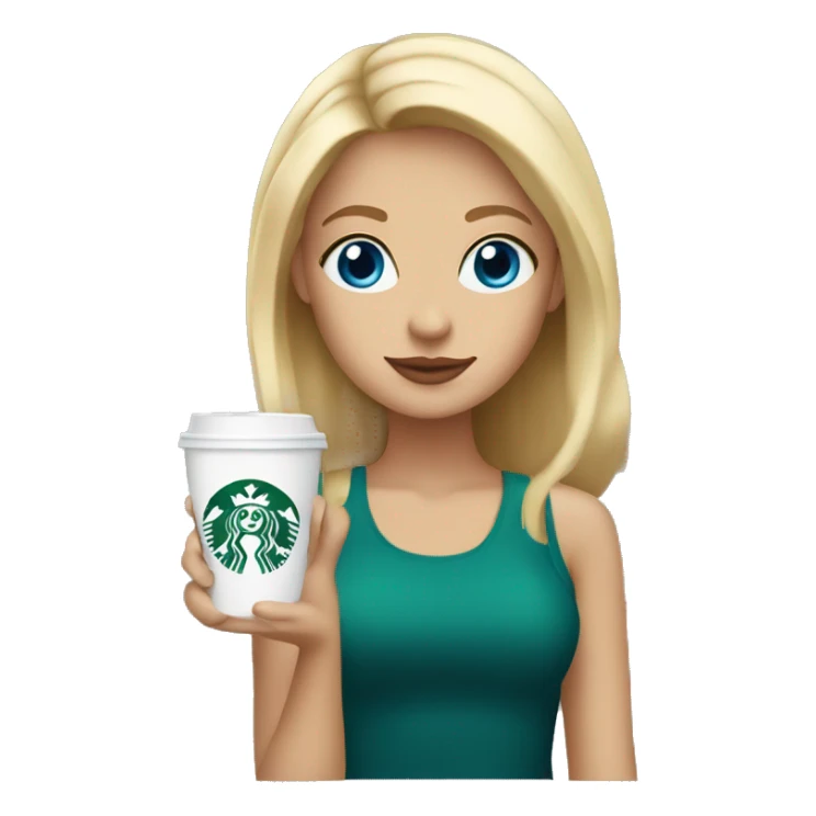 blonde girl blue eyes with Starbucks cup drink sticker