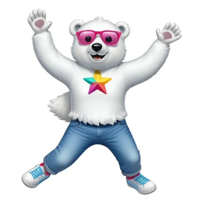 friendly anthropomorphised polar bear mid-jump, arms raised, excited expression, wearing a shirt, jeans, trainers, oversized colorful star glasses sticker