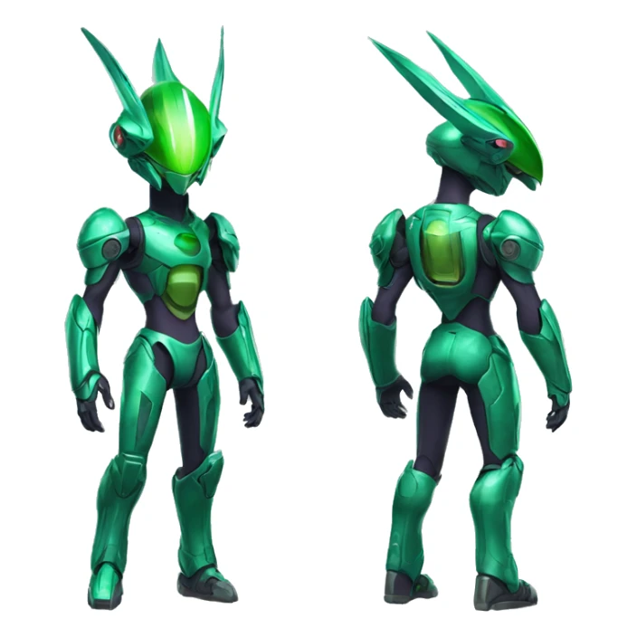 a shiny green Genesect-Raptor-Fakémon—hybrid with a futuristic visor-helmet full body sticker