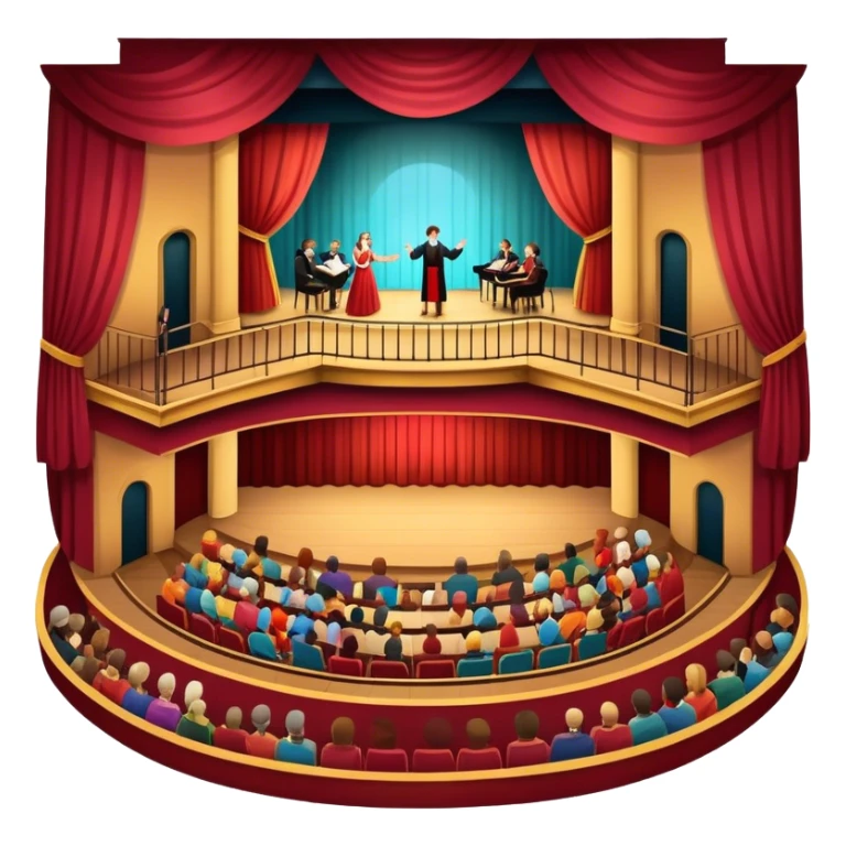 An icon depicting a theater stage with actors performing a play, illuminated by dramatic lighting. The audience watches from colorful balconies, while an orchestra plays in the pit, creating an immersive atmosphere. transparent background. sticker