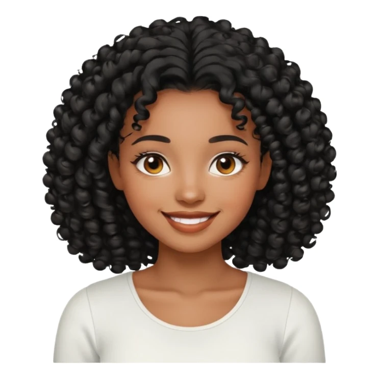 a young woman.She has voluminous, curly black hair long that frames her face beautifully. Her skin tone is black light and glowing, and she has a subtle, natural makeup look. She’s smiling softly at the camera. She is wearing a white top sticker