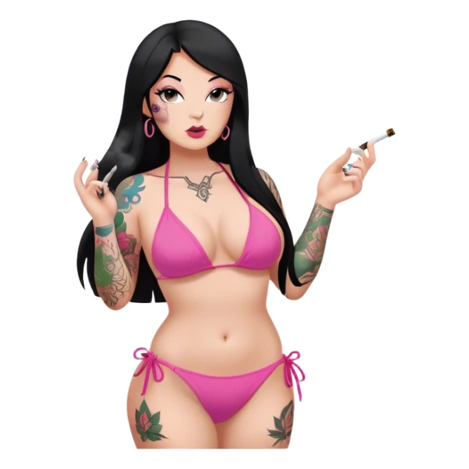 caucasian curvy body girl, with tattoos, in pink bikini, make smoke, with a long straight black hair  sticker