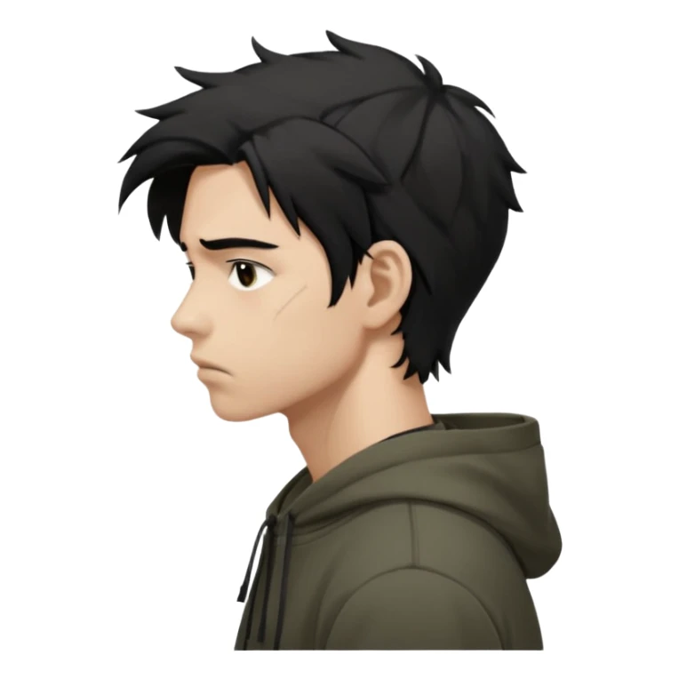 A dark anime-style illustration of a young man in side profile, facing left, with messy black hair tied loosely, sharp jawline and tired eyes. He wears an oversized dark hoodie with muted earthy tones. His expression is calm but emotionally heavy, showing silent pain and inner conflict.

 sticker