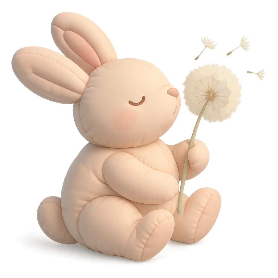 bunny holding a dandelion in the breeze, gentle spring vibe, soft pastel colors, cushion style sticker