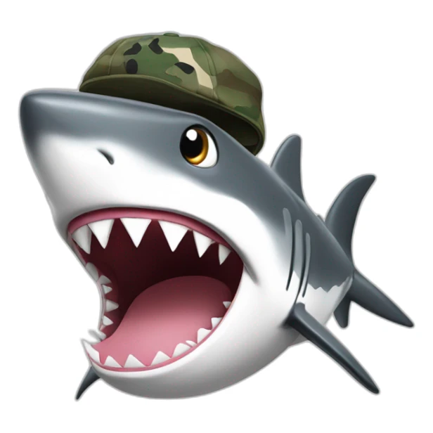 black and white countours cartoon shark standing with a camouflage cap on its head sticker