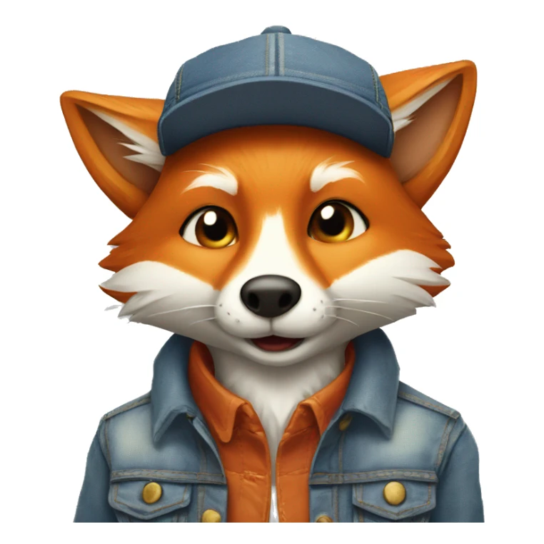 cartoon fox with mouse and denim jacket and hat and glass sticker