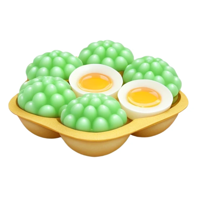 3D rendered Hong Kong egg puffs (港式鸡蛋仔) with pandan flavor, light green color, authentic egg-shaped bubble pattern, hyper-realistic texture, glossy finish, detailed bubbles sticker