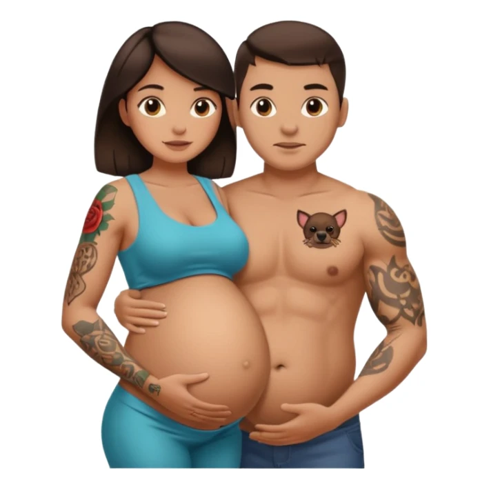 Cool brunette female holding pregnant buff mans with tattoos belly  sticker