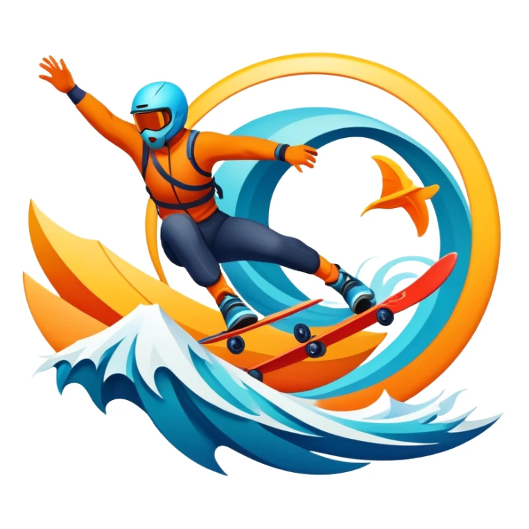 An emblematic symbol featuring a stylized figure in mid-action, representing extreme sports. The design incorporates dynamic lines and bold shapes, with elements like mountains, waves, and flying objects, capturing the thrill and adrenaline of various extreme sports in a single, unified icon. sticker