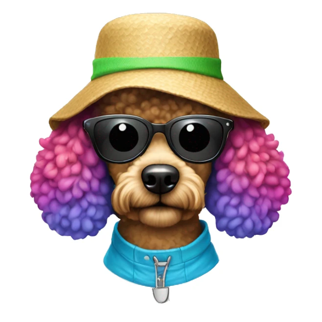 Rainbow poodle with a bucket hat on with black sunglasses sticker