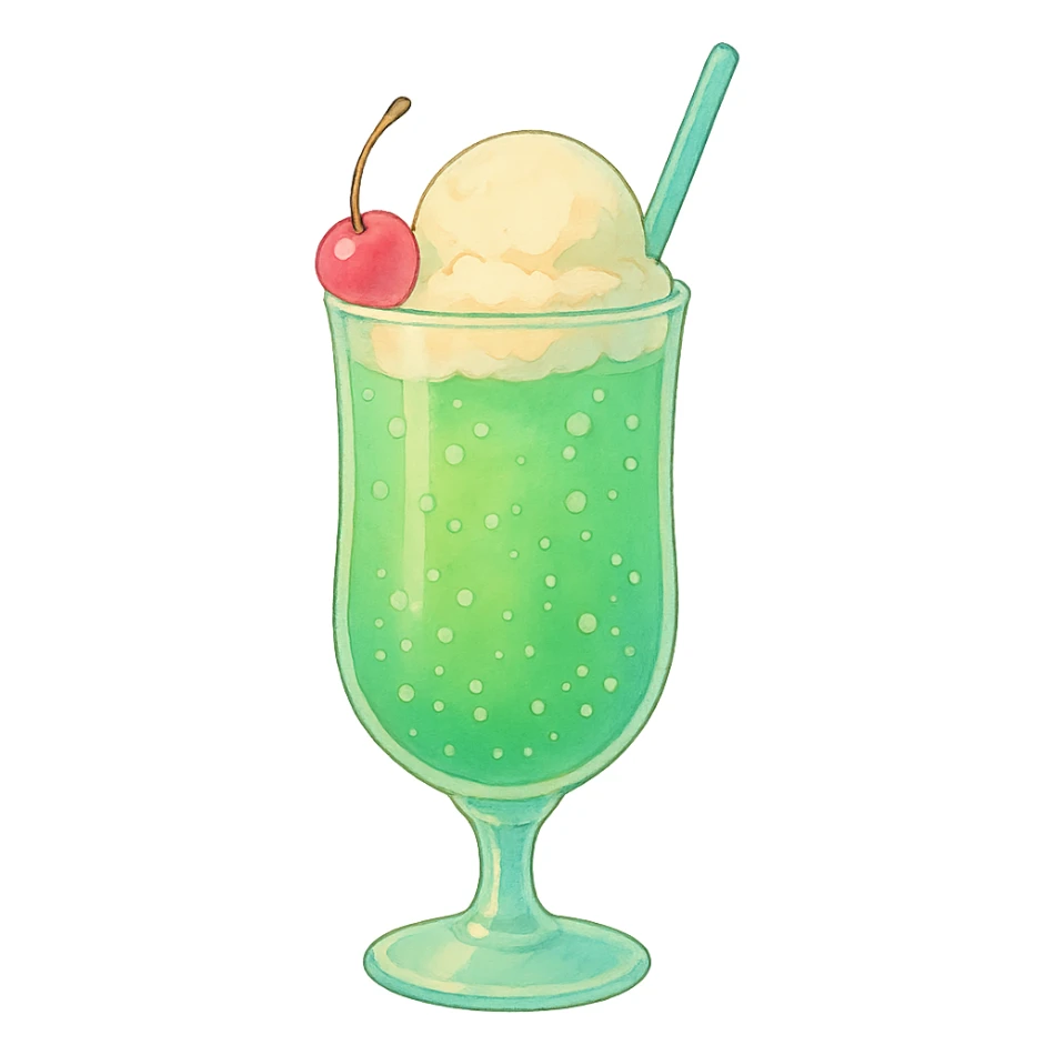 ghibli style cream soda in a tall glass, pastel colors sticker