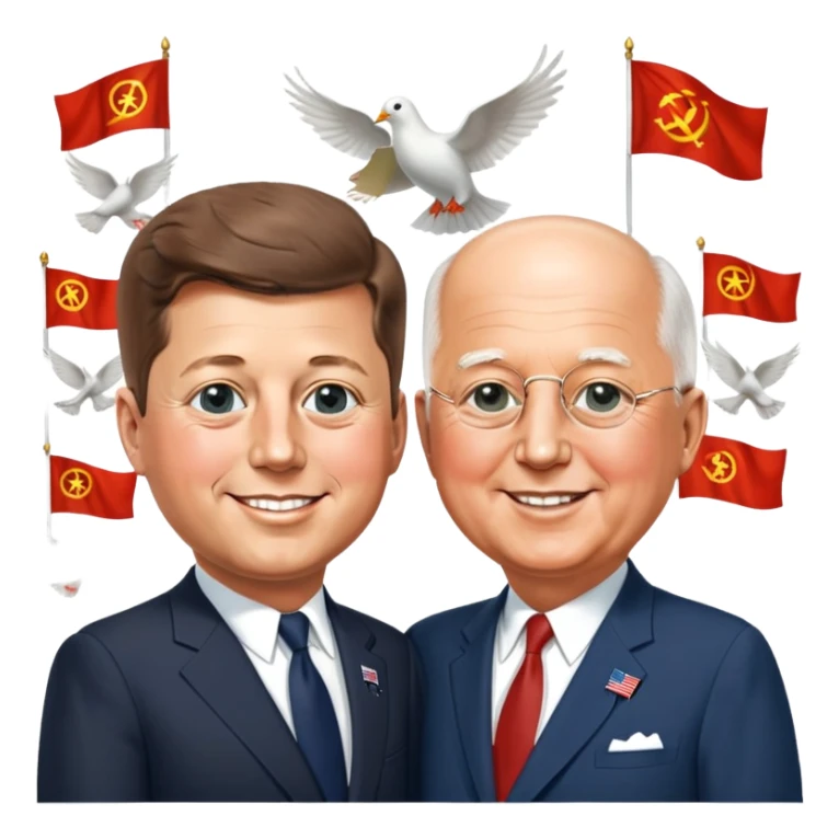 John F. Kennedy and Mikhail Gorbachev side by side, smiling, friendly diplomatic atmosphere, small peace symbols and doves, US and USSR flags as accents sticker