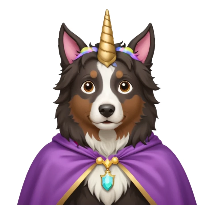 A daar autralian sheperd with a unicorn horn and a cape sticker
