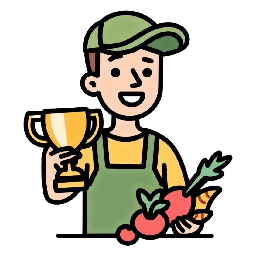 Happy gardener with trophy and prize vegetables sticker