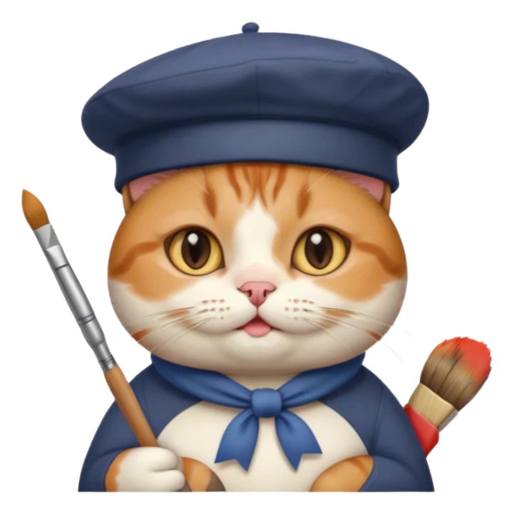 A cute chubby cat that is an artist, full body shown sticker