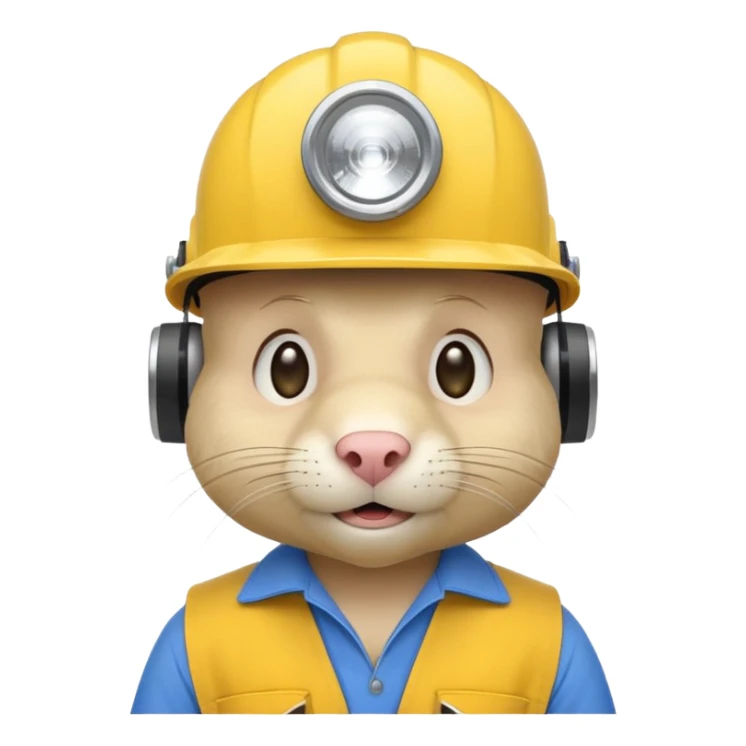 a mole rat, blue helmet, headlamp, yellow worker cloth sticker