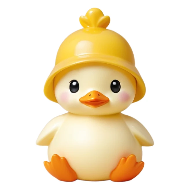 A cute, baby-like figurine with a round face, large shiny black eyes, and a soft, pastel skin tone. The figurine is standing with small, chubby limbs and a gentle smile. It wears a yellow duck-shaped hat that covers the top of its head, featuring a small orange beak and black dot eyes. The design is smooth, glossy, and minimalistic, with a soft, kawaii aesthetic. The background is plain white, and the lighting is soft and even. The overall style is similar to Sonny Angel collectible figurines, with a cute and charming appeal. sticker