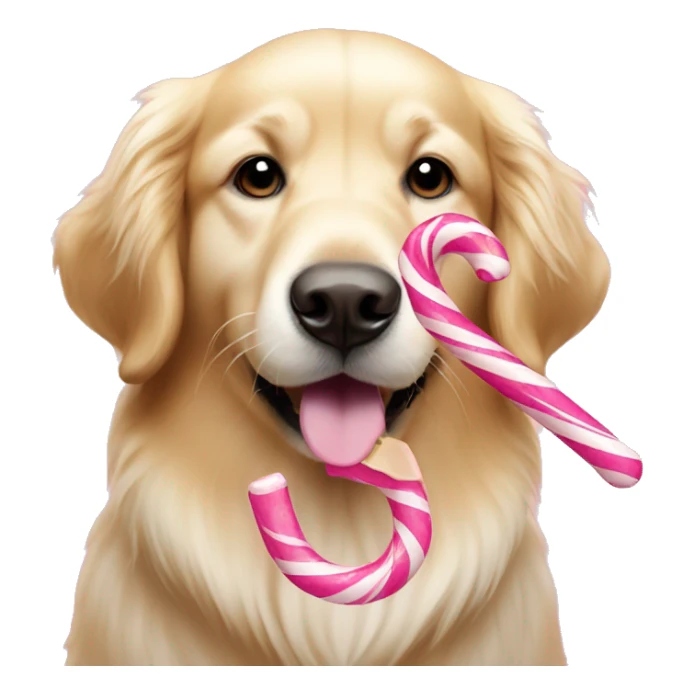 A golden retriever holding a pink and white candy cane toy sticker