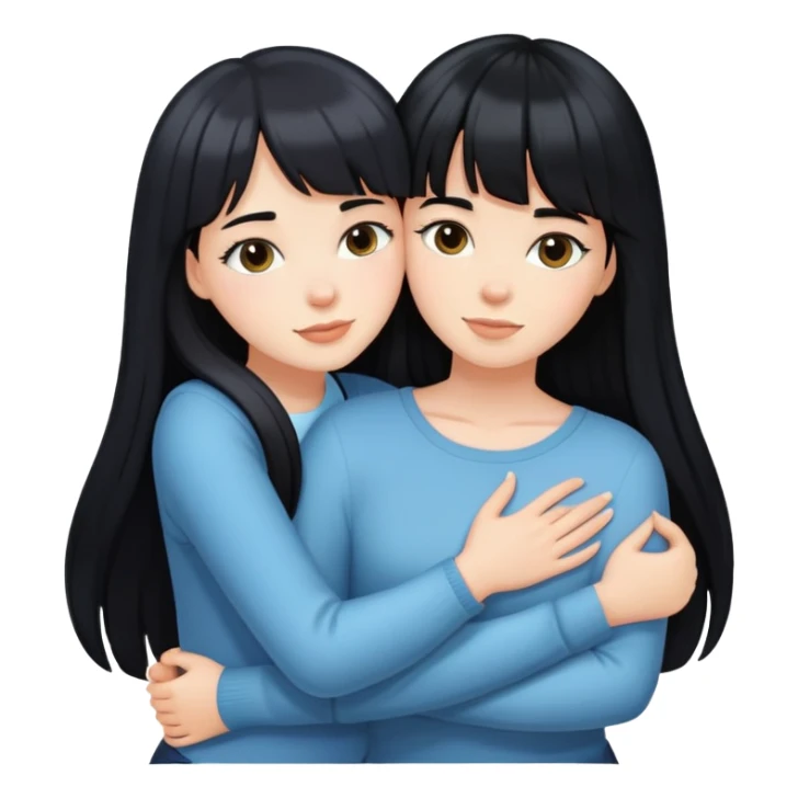 two white girls with long black hair hugging, one girl has bangs sticker
