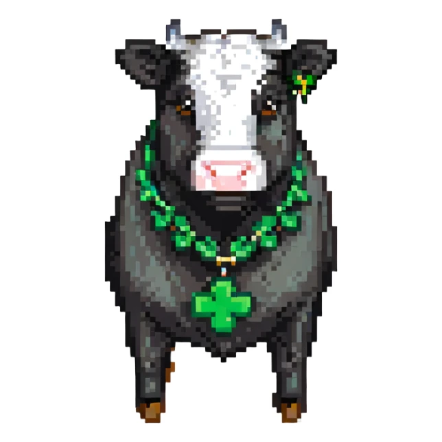 pixel art 4-H black show steer with a green 4-H clover badge sticker